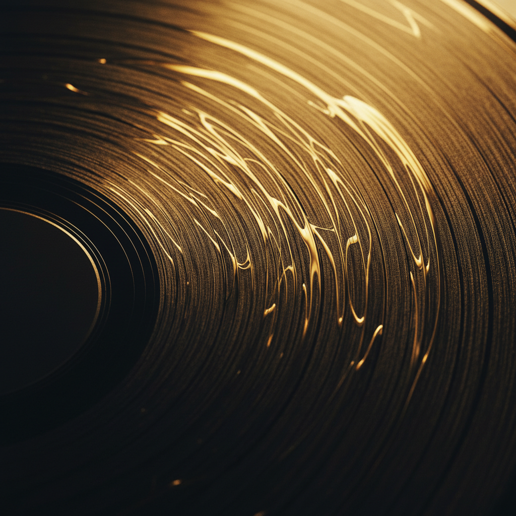 Vinyl record grooves with gold reflections