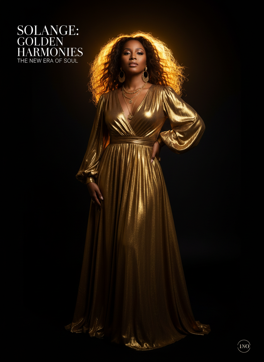 Portrait of a female R&B singer lit with golden light