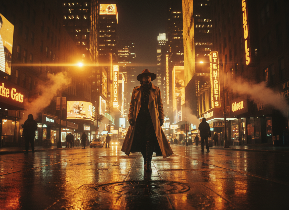 Music video still of an artist walking a night street
