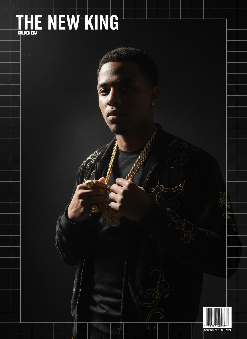 Portrait of a hip-hop artist in a dark studio