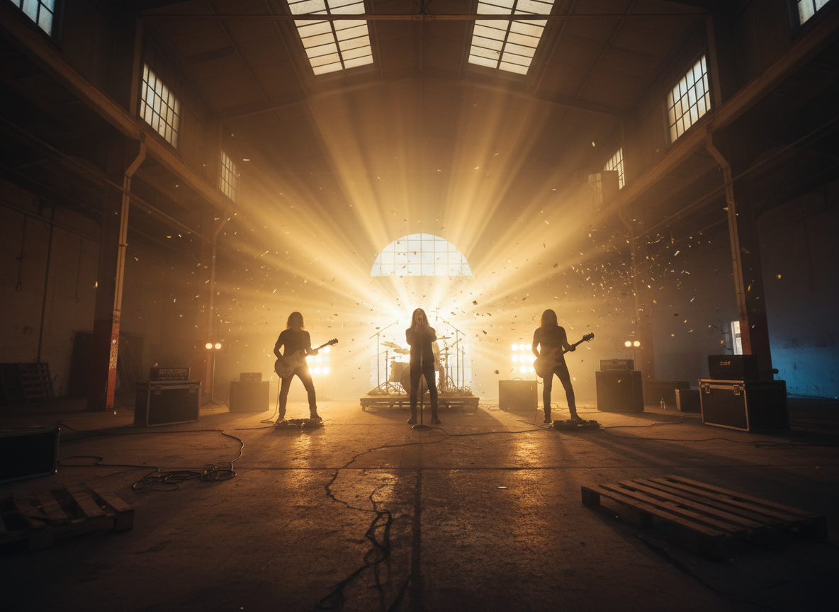 Music video still of a band in a warehouse with golden light beams