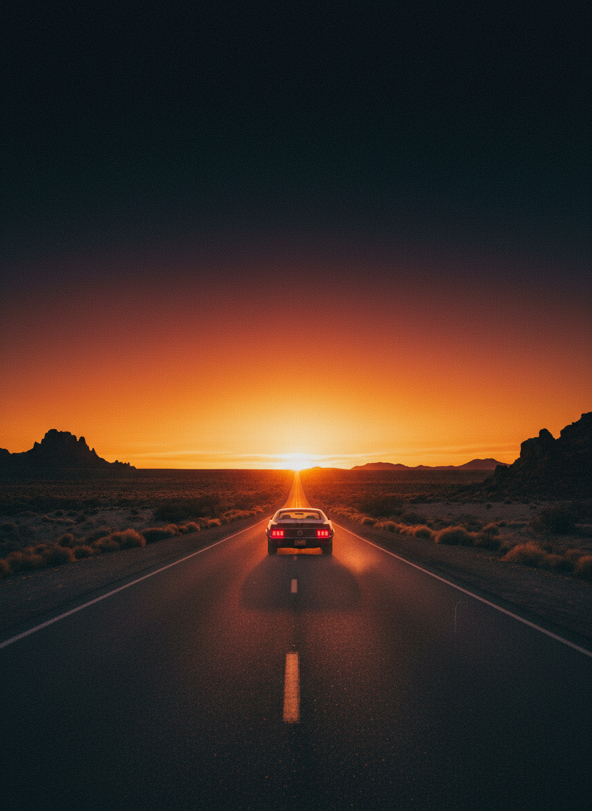 Film poster of a lone car on a desert highway at golden dusk