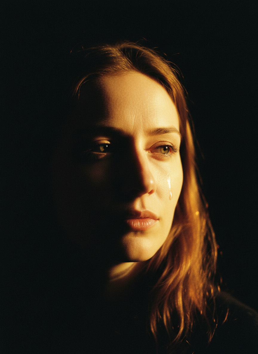 Film poster with a woman's face half in golden light against black