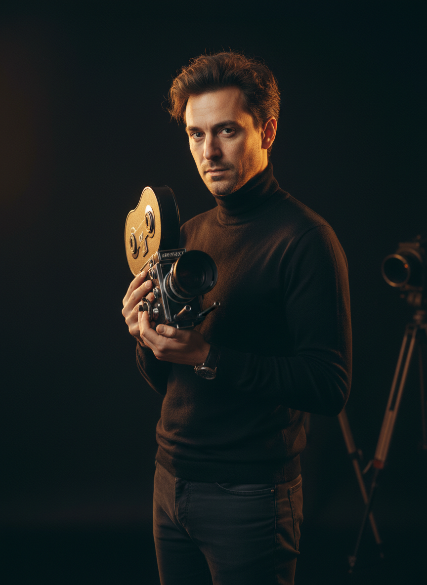 Portrait of a filmmaker holding a vintage camera in golden light