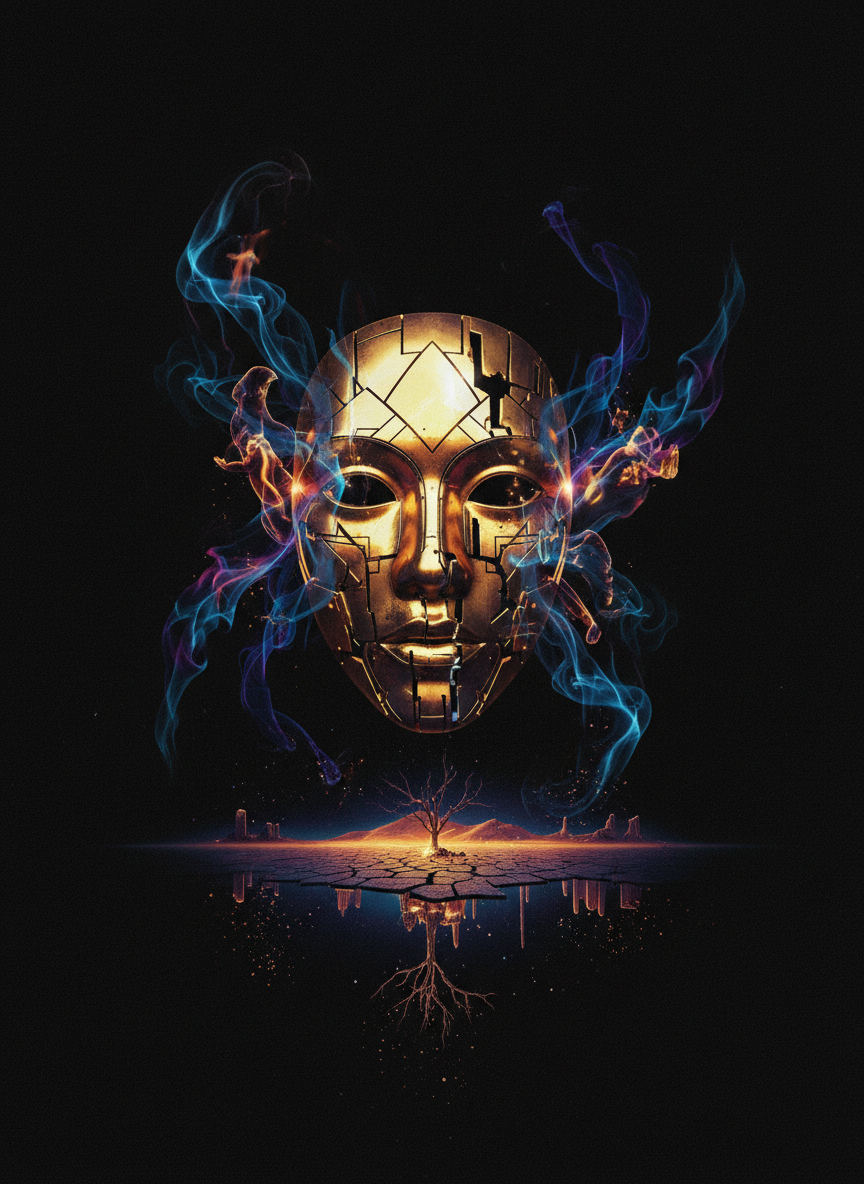 Surreal film poster with a golden mask floating in darkness