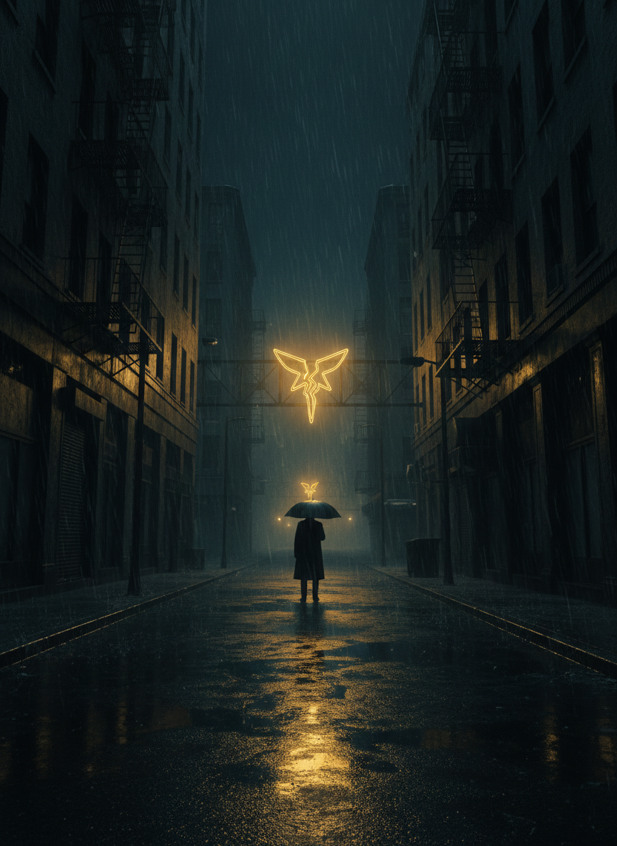 Moody noir film poster with a rainy night street and gold neon glow