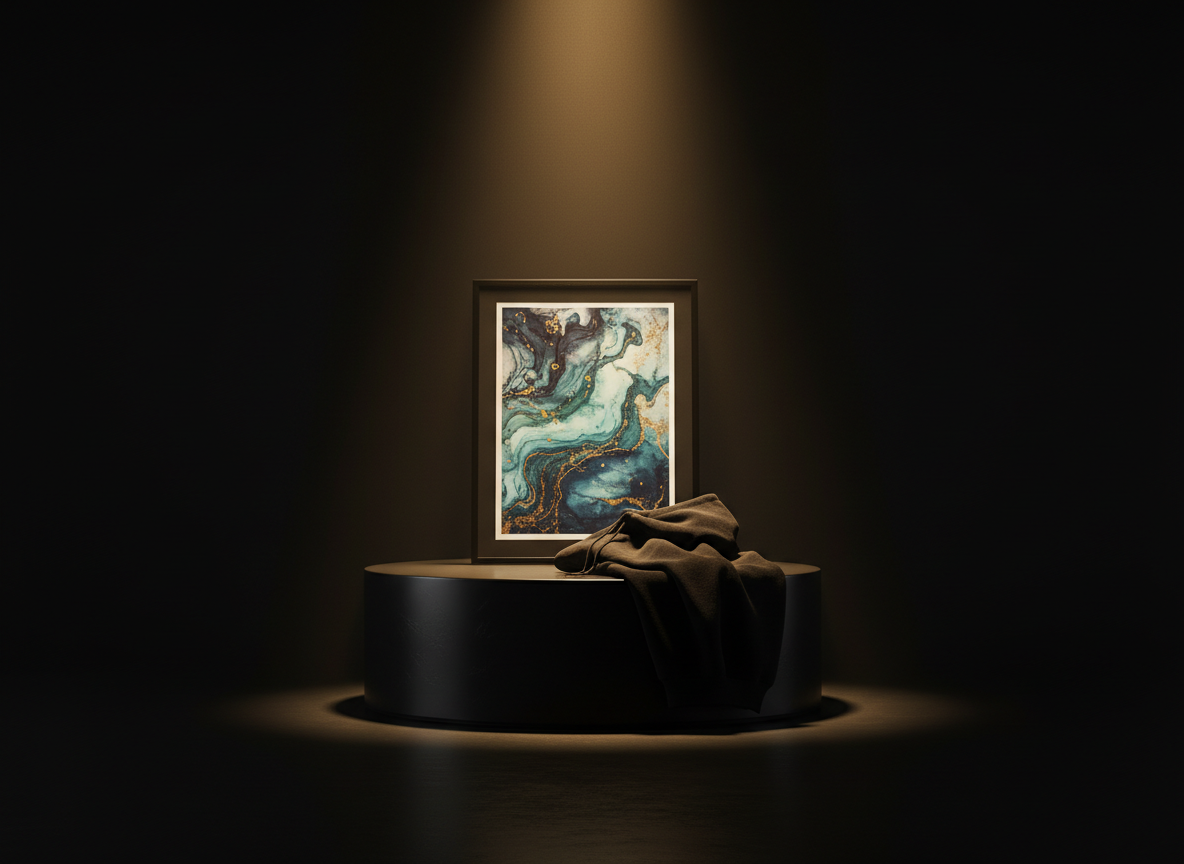 Limited edition collectible and apparel displayed on a black pedestal with gold light