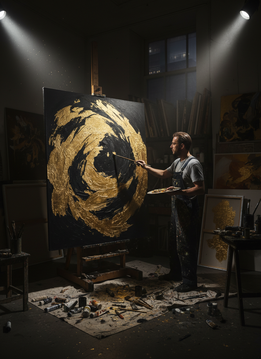 Artist painting a bold gold and black artwork in a dark studio