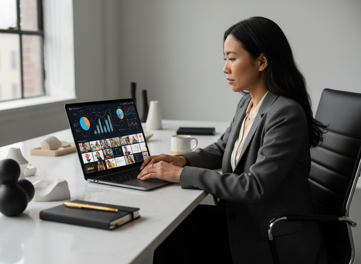 A polished professional editorial photograph showing digital advertising and creator promotion: a diverse creative professional reviewing a campaign on a laptop with social media analytics and vibrant content on screen, modern studio workspace, premium business magazine aesthetic, black charcoal white and subtle gold accents, no logos, no readable text.