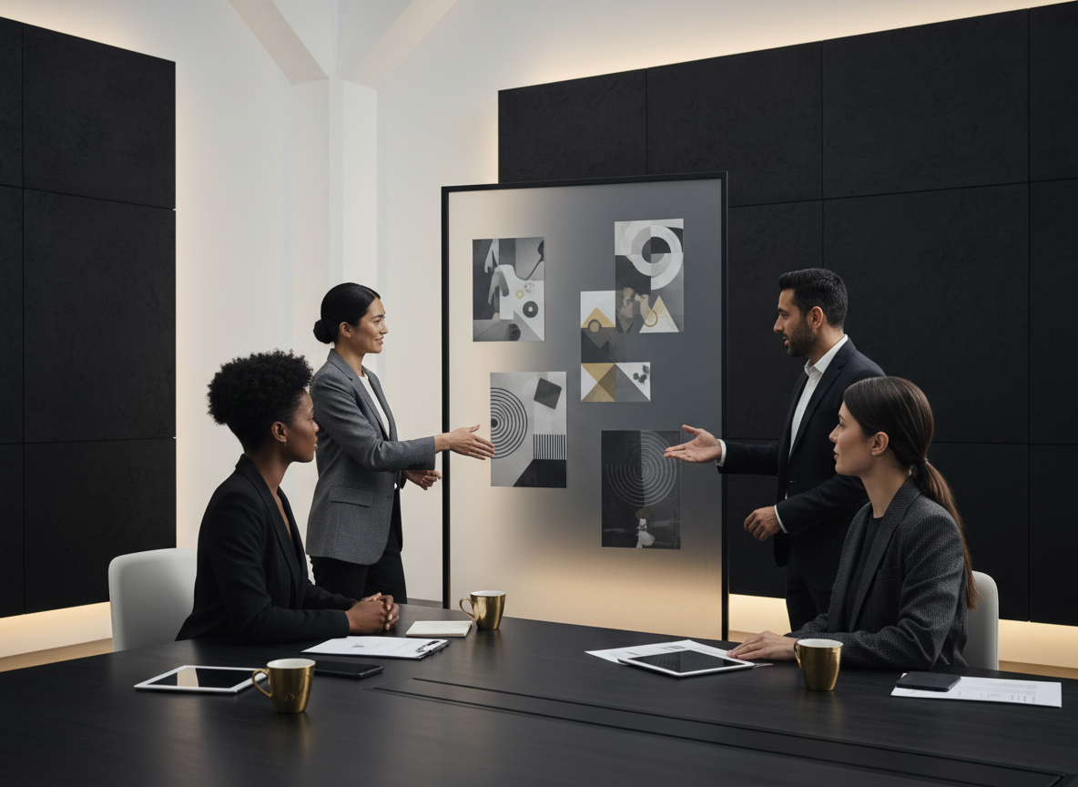 A polished professional editorial photograph showing a brand partnership in action: diverse creative partners and a brand representative collaborating around a presentation board with campaign visuals, handshake and strategy discussion, modern premium studio setting, black charcoal white and subtle gold accents, no logos, no readable text.